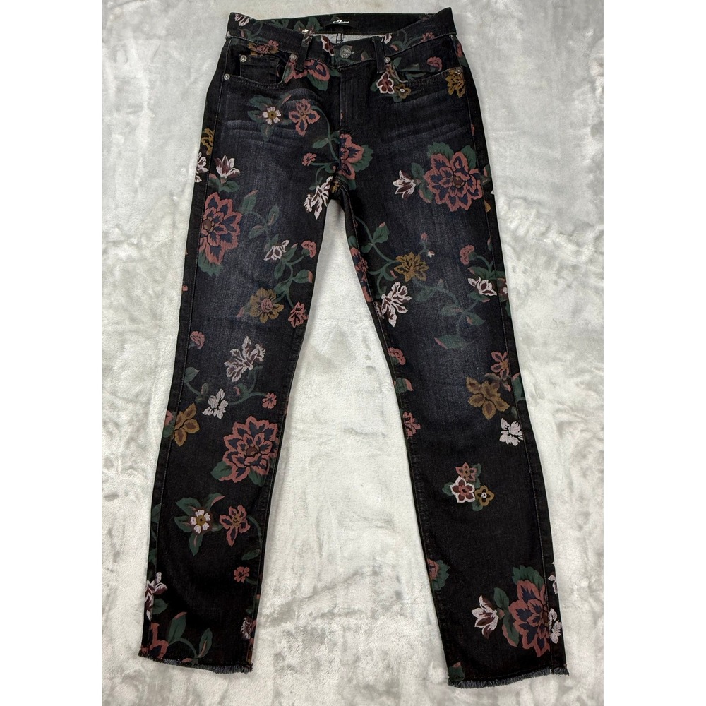 7 For All Mankind Roxanne Floral-Print Skinny Ankle Jeans w/ Raw Hem Size 27